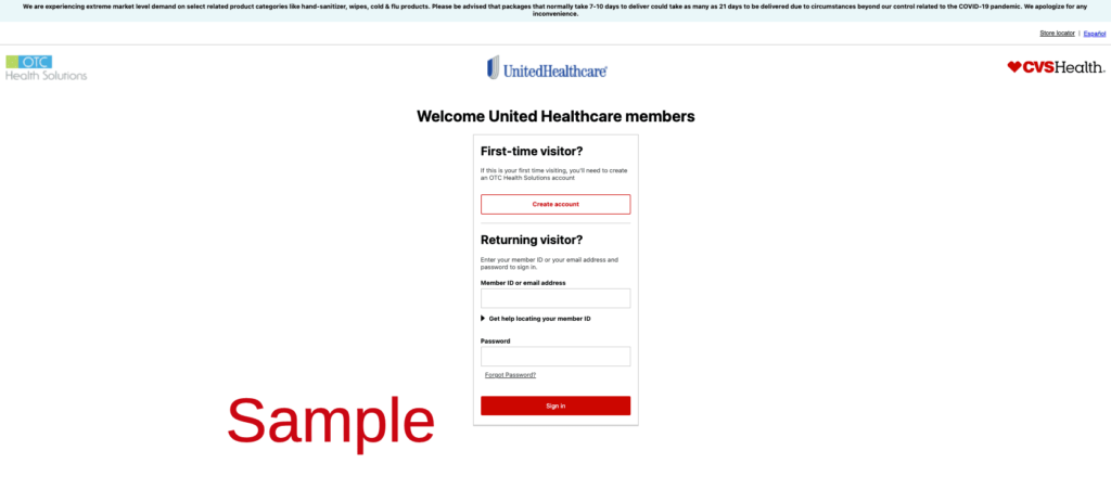 United Healthcare OTC Benefits Login Register Enrollment Page | OTC Health Solutions | OTCHS | Catalog | www.cvs.com/otchs/uhc