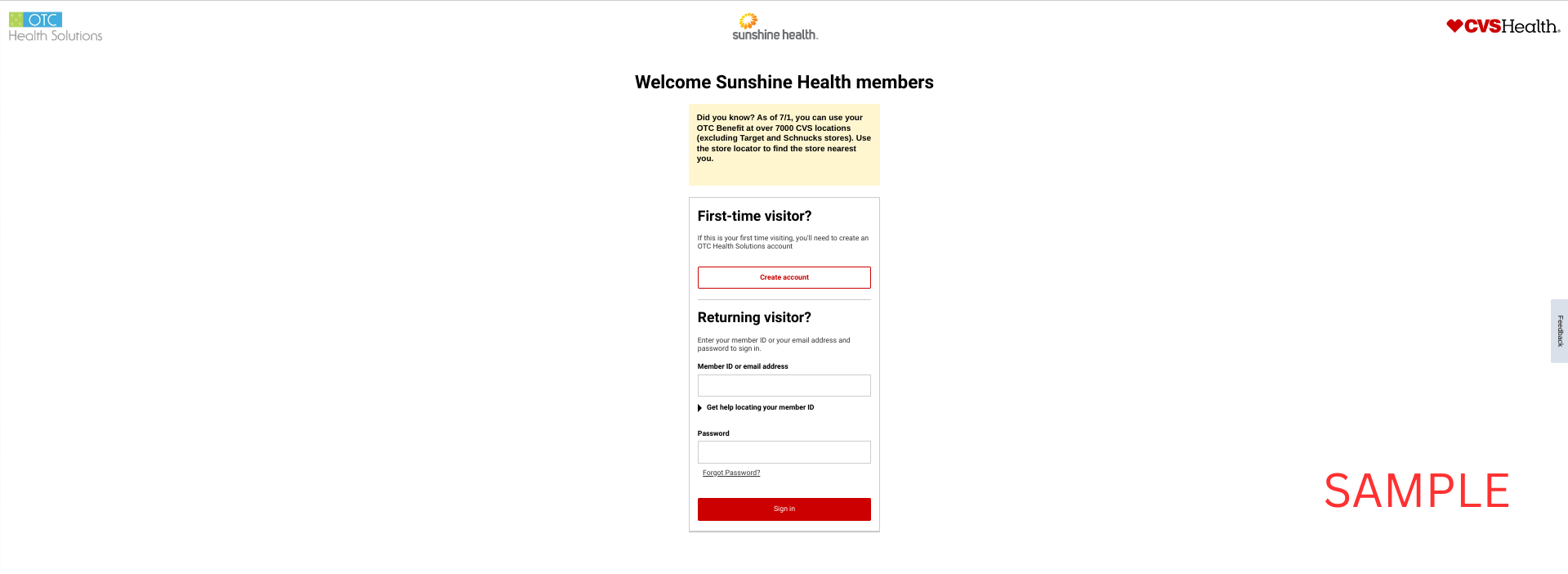 Sunshine Health 2023 Member Portal Login Register Enrollment Page CVS OTCHS Member Benefits www.cvs.comotchssunshinehealthmmasamplepic